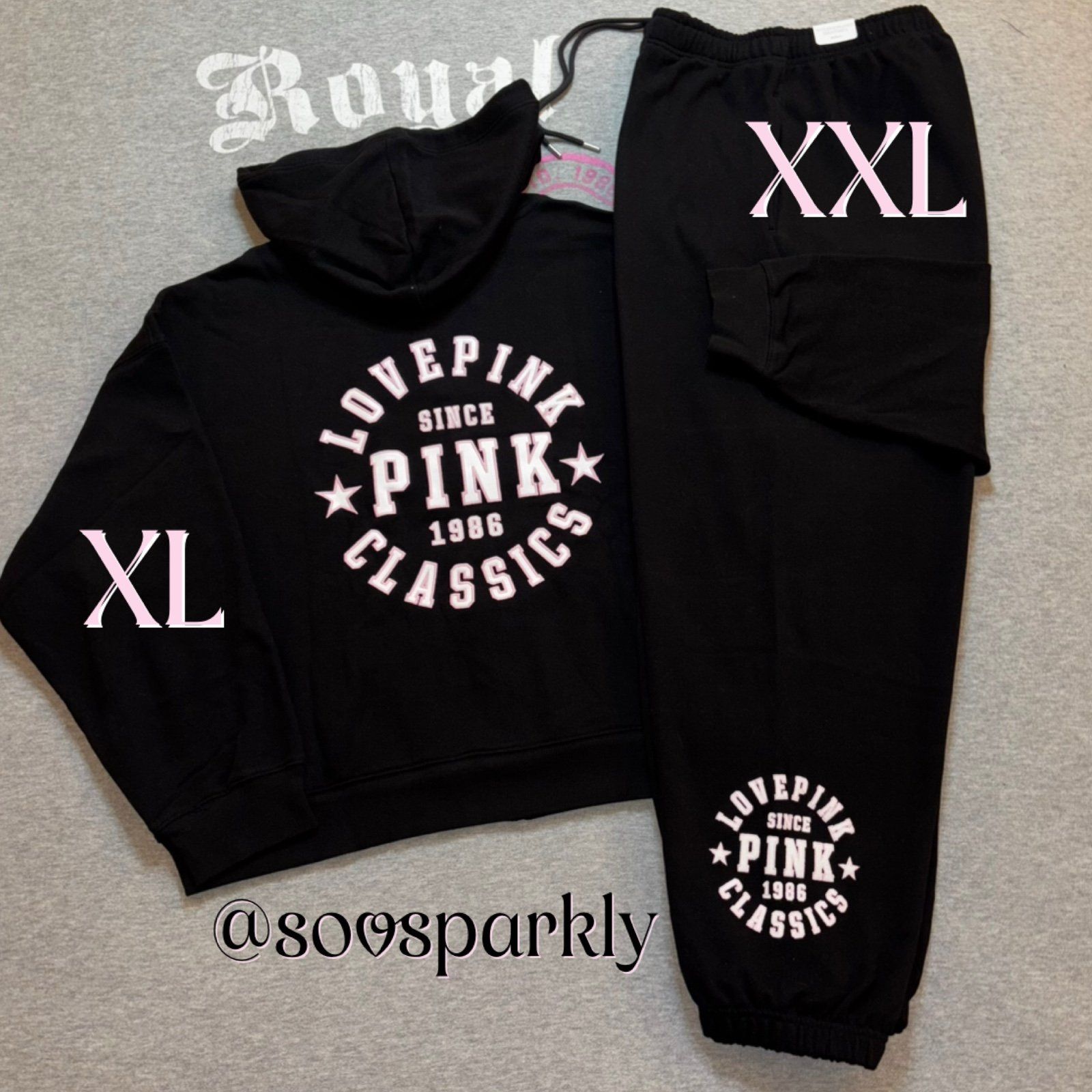 Vs Pink Black Love Pink Classics 1986 Logo Ivy Fleece Hoodie & Sweats Xl/Xxl